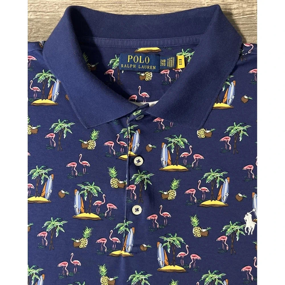 Polo Ralph Lauren Blue Tropical Flamingo Pineapple Short Sleeve Shirt, Size 2XB